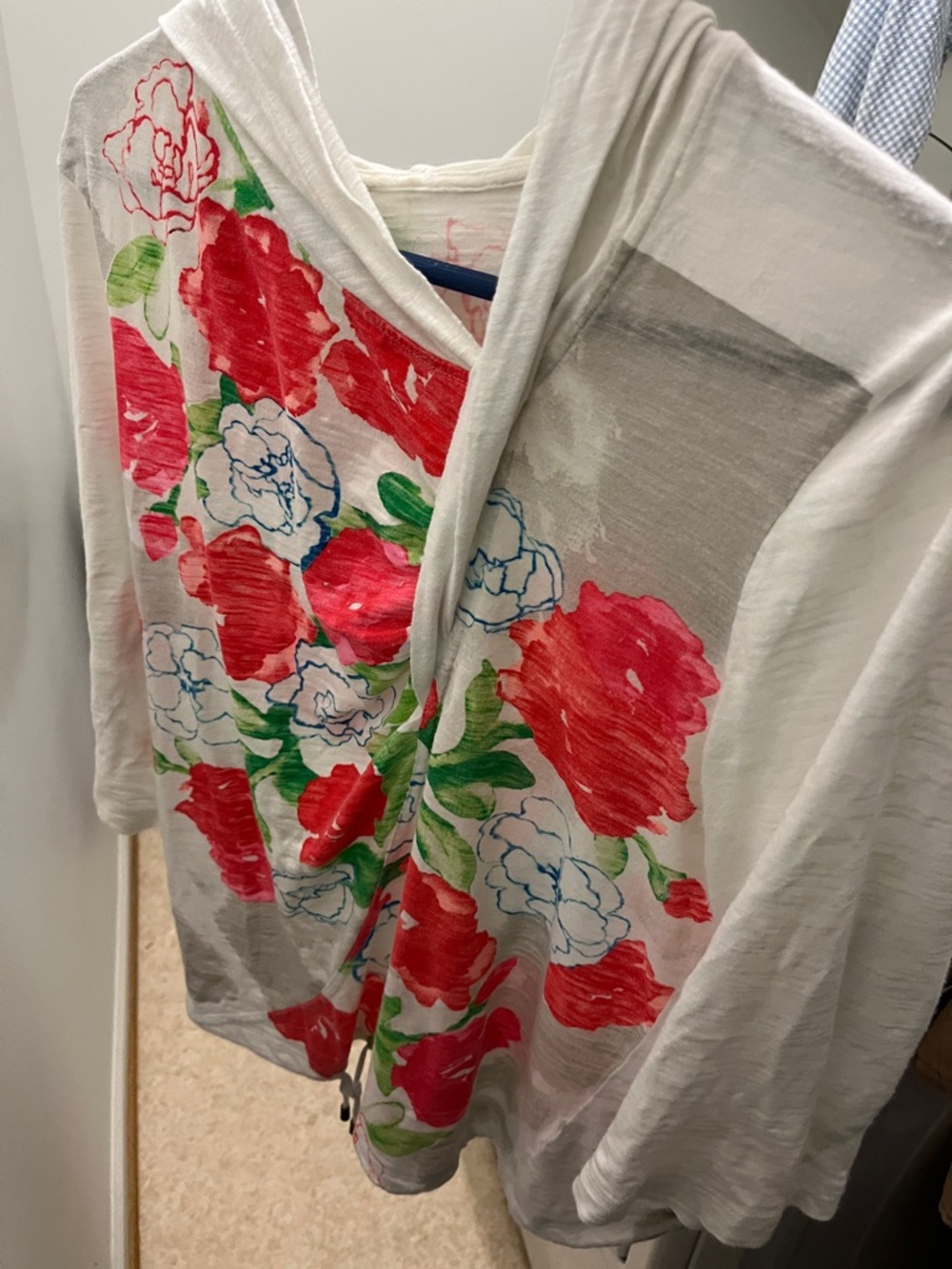 Floral Hooded Lightweight Cardigan - White with Red & Green Print